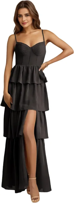 Tiered Chiffon Prom Dress Long for Women Ruffle A Line Bridesmaid Dresses Sweetheart Formal Evening Dresses ZW14