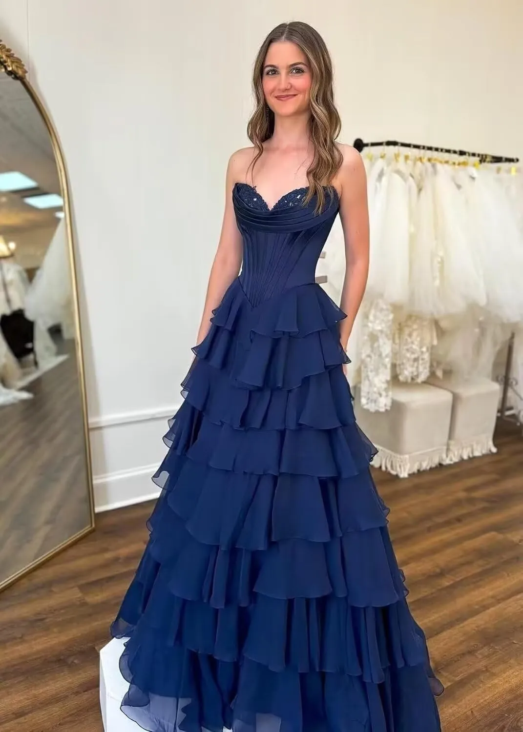 Tiered Corset Prom Dresses for Women 2025 with Slit Ruffle Chiffon Satin Long Formal Evening Gown