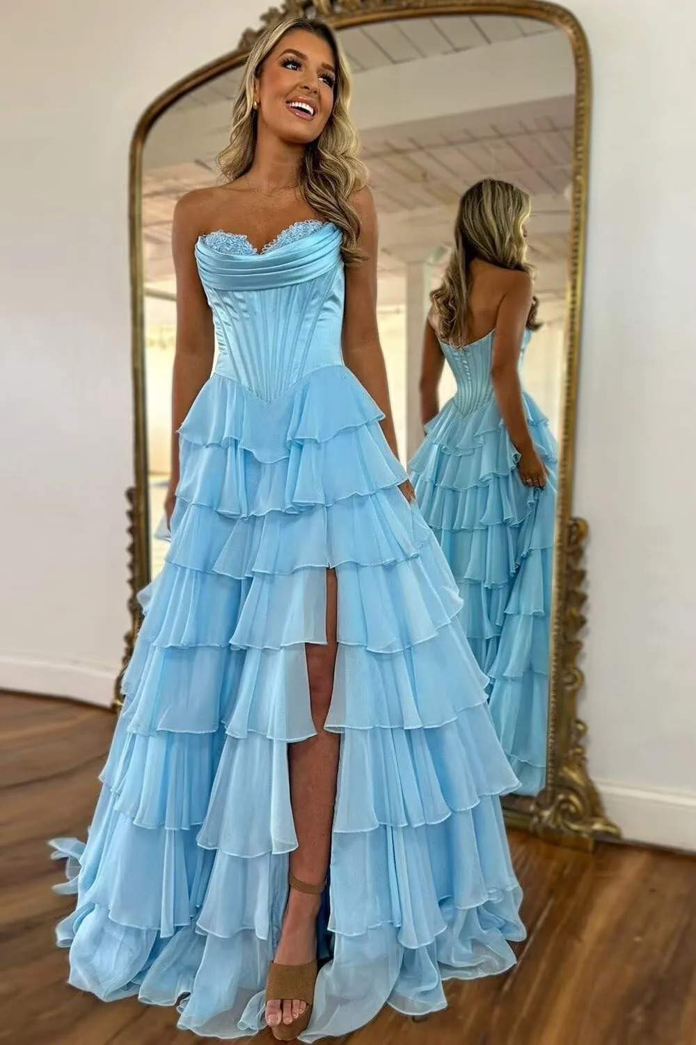 Tiered Corset Prom Dresses for Women 2025 with Slit Ruffle Chiffon Satin Long Formal Evening Gown