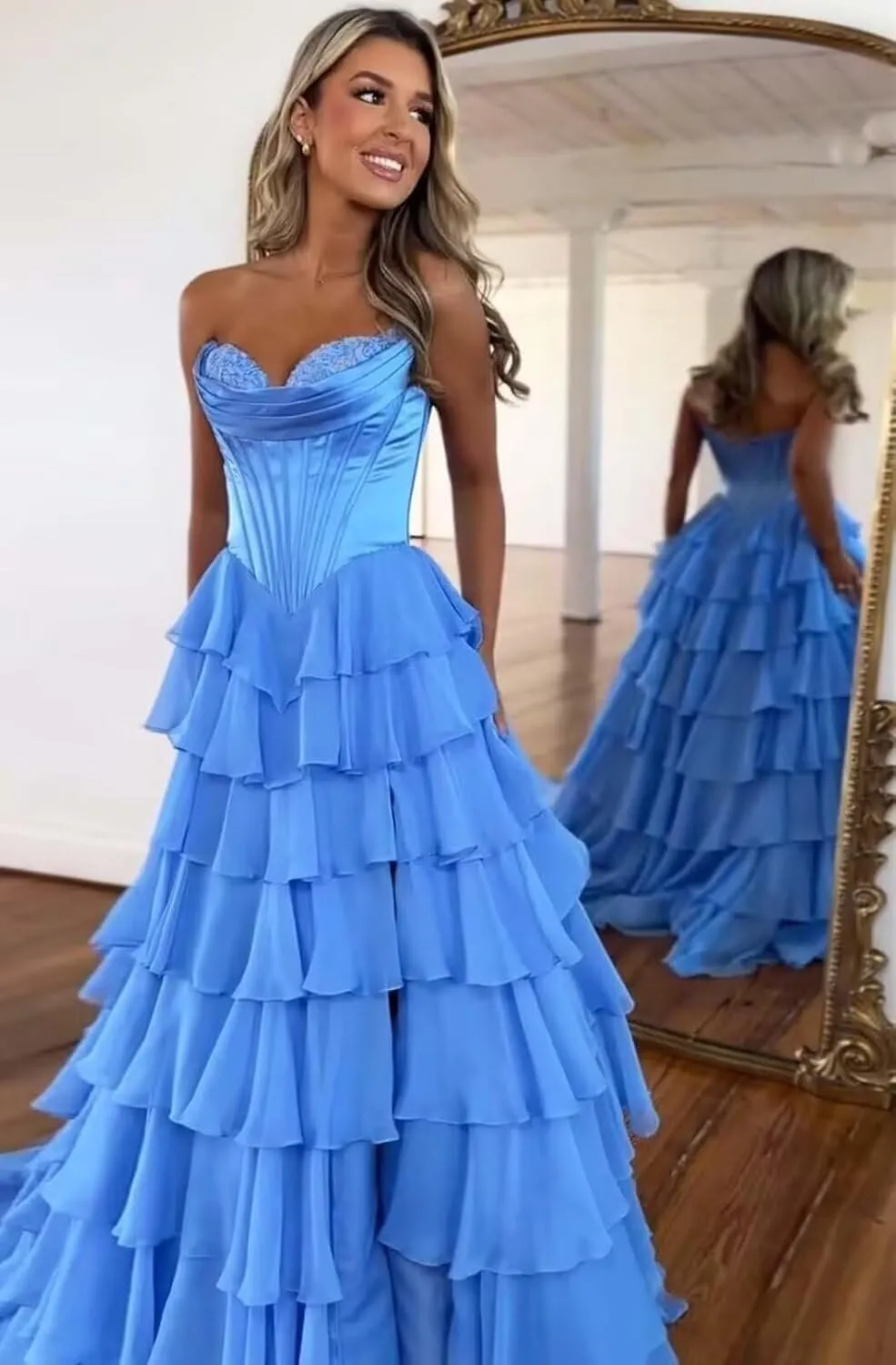 Tiered Corset Prom Dresses for Women 2025 with Slit Ruffle Chiffon Satin Long Formal Evening Gown