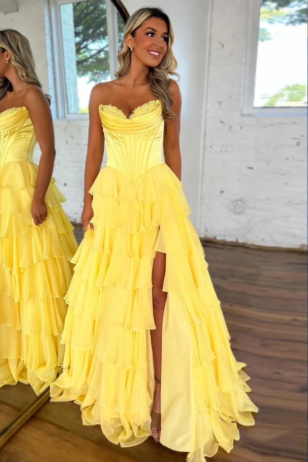 Tiered Corset Prom Dresses for Women 2025 with Slit Ruffle Chiffon Satin Long Formal Evening Gown