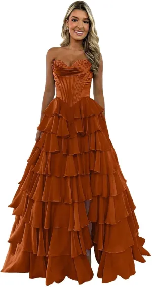 Tiered Corset Prom Dresses for Women 2025 with Slit Ruffle Chiffon Satin Long Formal Evening Gown