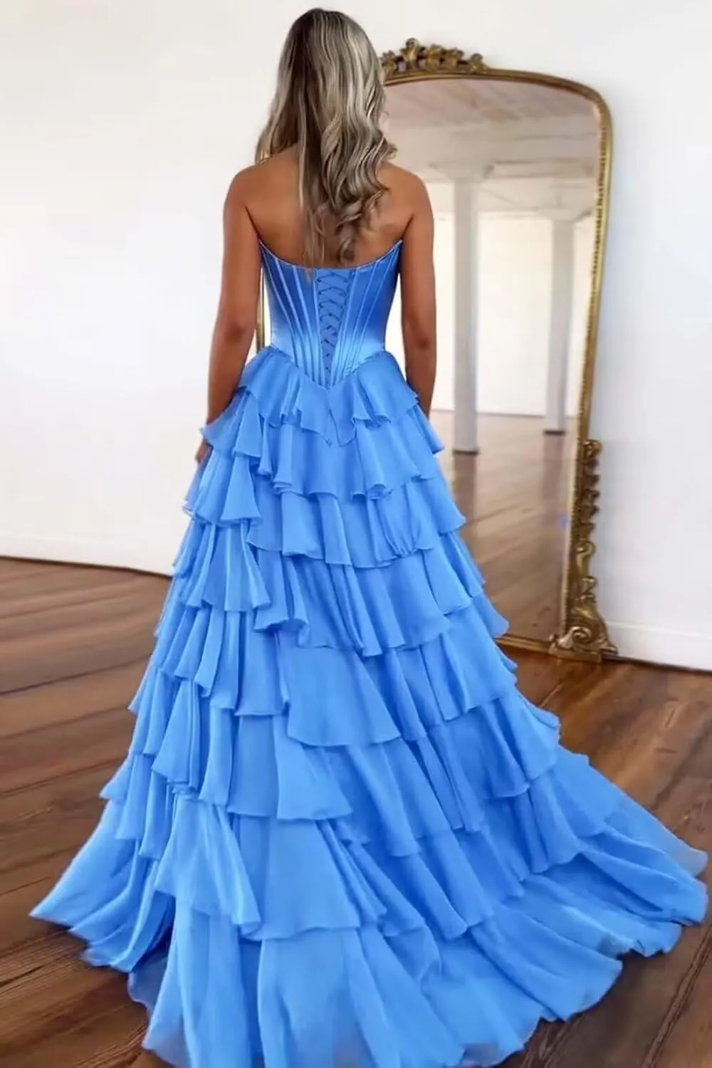 Tiered Corset Prom Dresses for Women 2025 with Slit Ruffle Chiffon Satin Long Formal Evening Gown