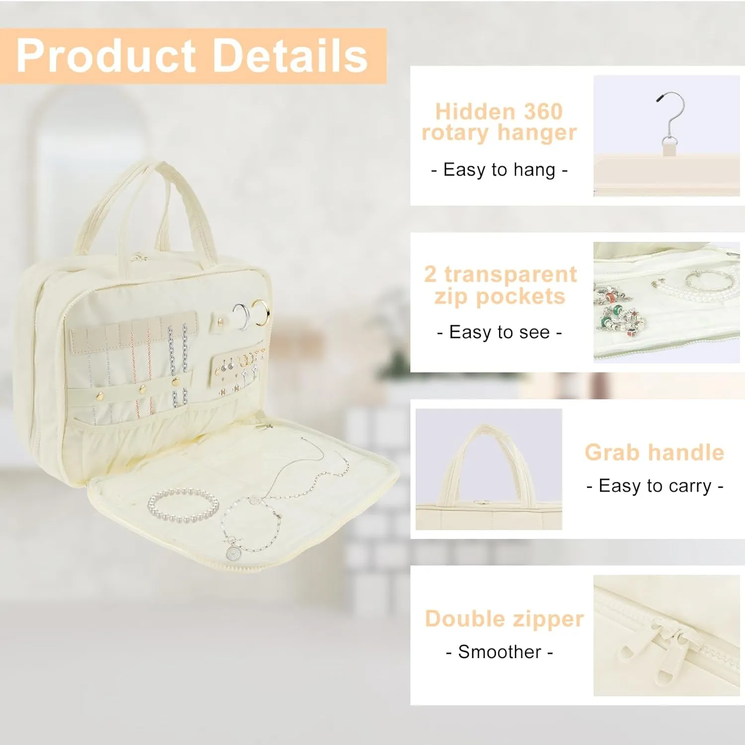 Toiletry Bag, Compartmental Hanging toiletry Bag, Portable Foldable Makeup Cosmetic Organizer Bag with Anti-slip Metal Hook for Travel Gym Outdoor Activity (Beige)