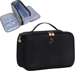 Toiletry Bags for Traveling Women with Jewelry Organizer, Travel Cosmetic Makeup Bag with Zipper, Portable Makeup Bag with Brush Compartment & Handle, Leather Makeup Cases Storage-Black