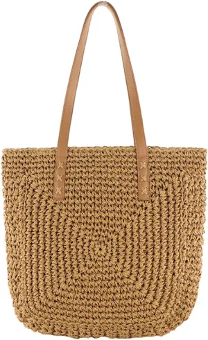 TONWHAR Women Straw Beach Tote Bag Shoulder Bag Handmade Woven Handbag for Summer
