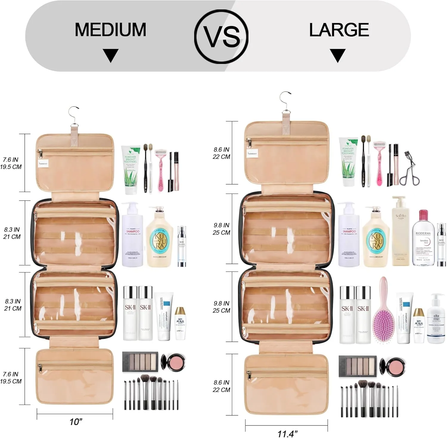 Travel Hanging Toiletry Bag for Women, Large Makeup Bag 8 Leak Proofing Silicone Bottle Covers, Waterproof Cosmetic Bag with Jewelry Organizer Compartment, Toiletries Kit Set, Black