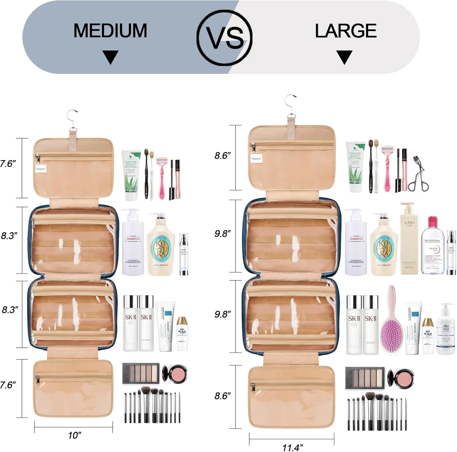 Travel Hanging Toiletry Bag for Women, Large Makeup Bag 8 Leak Proofing Silicone Bottle Covers, Waterproof Cosmetic Bag with Jewelry Organizer Compartment, Toiletries Kit Set, Navy Blue