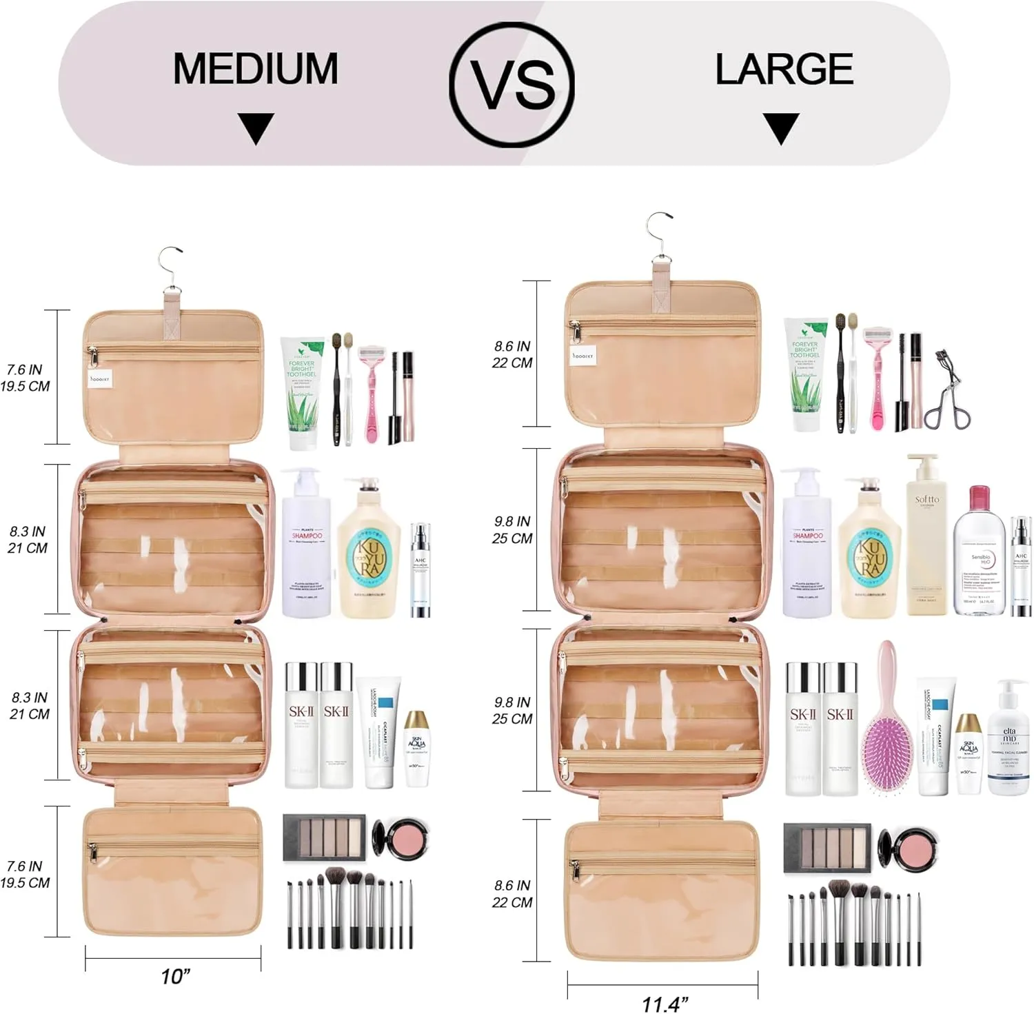 Travel Hanging Toiletry Bag for Women, Large Makeup Bag 8 Leak Proofing Silicone Bottle Covers, Waterproof Cosmetic Bag with Jewelry Organizer Compartment, Toiletries Kit Set, Pink