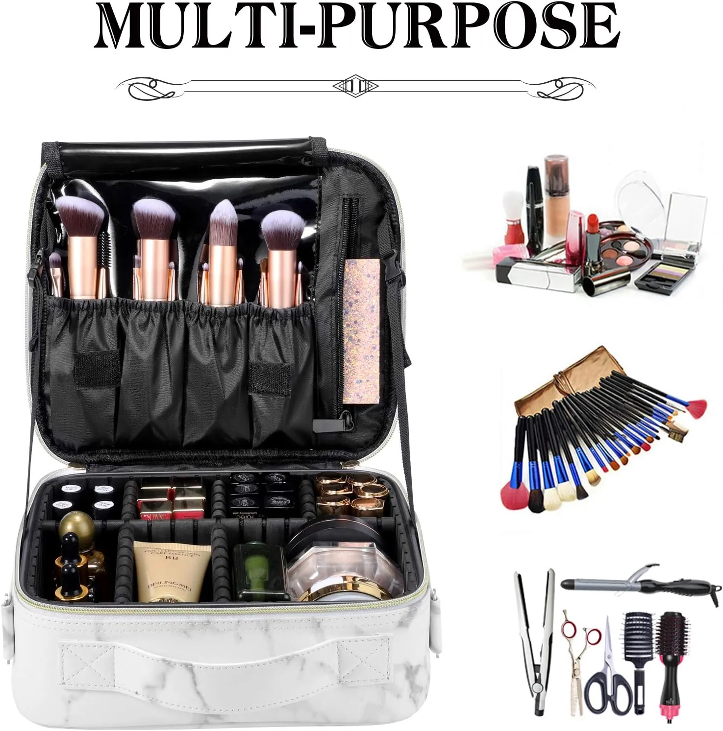Travel Makeup Bag 10.4 Inches Portable Makeup Train Case Cosmetic Bag Organizer with Adjustable Dividers and Shoulder Strap for Cosmetics Brushes Toiletry Jewelry Digital Accessories (Marble)