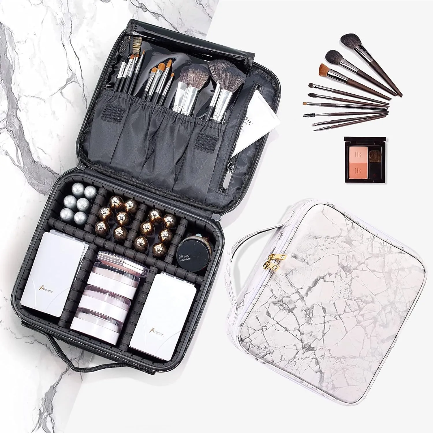 Travel Makeup Train Case Make Up Cosmetic Organizer Bag Makeup Tool Storage with Adjustable Compartments for Women Makeup Brush Toiletry Jewelry Digital Accessories