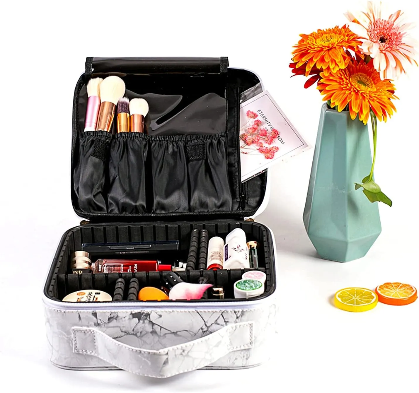 Travel Makeup Train Case Make Up Cosmetic Organizer Bag Makeup Tool Storage with Adjustable Compartments for Women Makeup Brush Toiletry Jewelry Digital Accessories