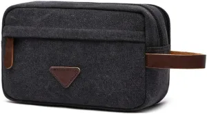 Travel Portable Canvas Toiletry Bag Makeup Case Cosmetic Holder Storage Pouch Bathroom Shower Organizer with Side Leather Handle for Brushes Toiletry Jewelry Storage(Black)