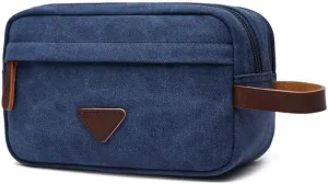 Travel Portable Canvas Toiletry Bag Makeup Case Cosmetic Holder Storage Pouch Bathroom Shower Organizer with Side Leather Handle for Brushes Toiletry Jewelry Storage(Dark Blue)