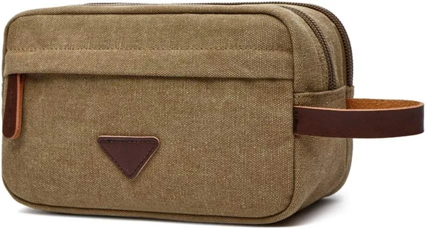 Travel Portable Canvas Toiletry Bag Makeup Case Cosmetic Holder Storage Pouch Bathroom Shower Organizer with Side Leather Handle for Brushes Toiletry Jewelry Storage(Khaki)