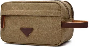 Travel Portable Canvas Toiletry Bag Makeup Case Cosmetic Holder Storage Pouch Bathroom Shower Organizer with Side Leather Handle for Brushes Toiletry Jewelry Storage(Khaki)