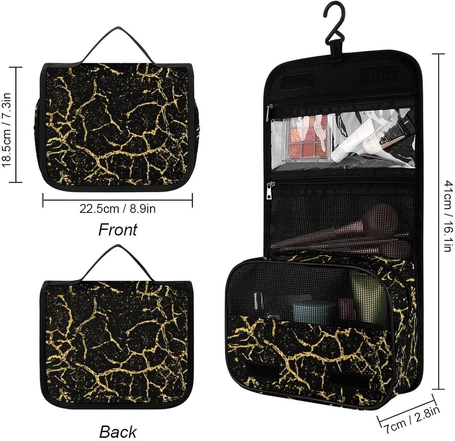 Travel Toiletry Bag Hanging, Makeup Bag Hanging, Waterproof Cosmetic Bag with Jewelry Compartment, Travel Bag Compatible with Chic Black And Gold Marble Texture for Toiletries, Cosmetic