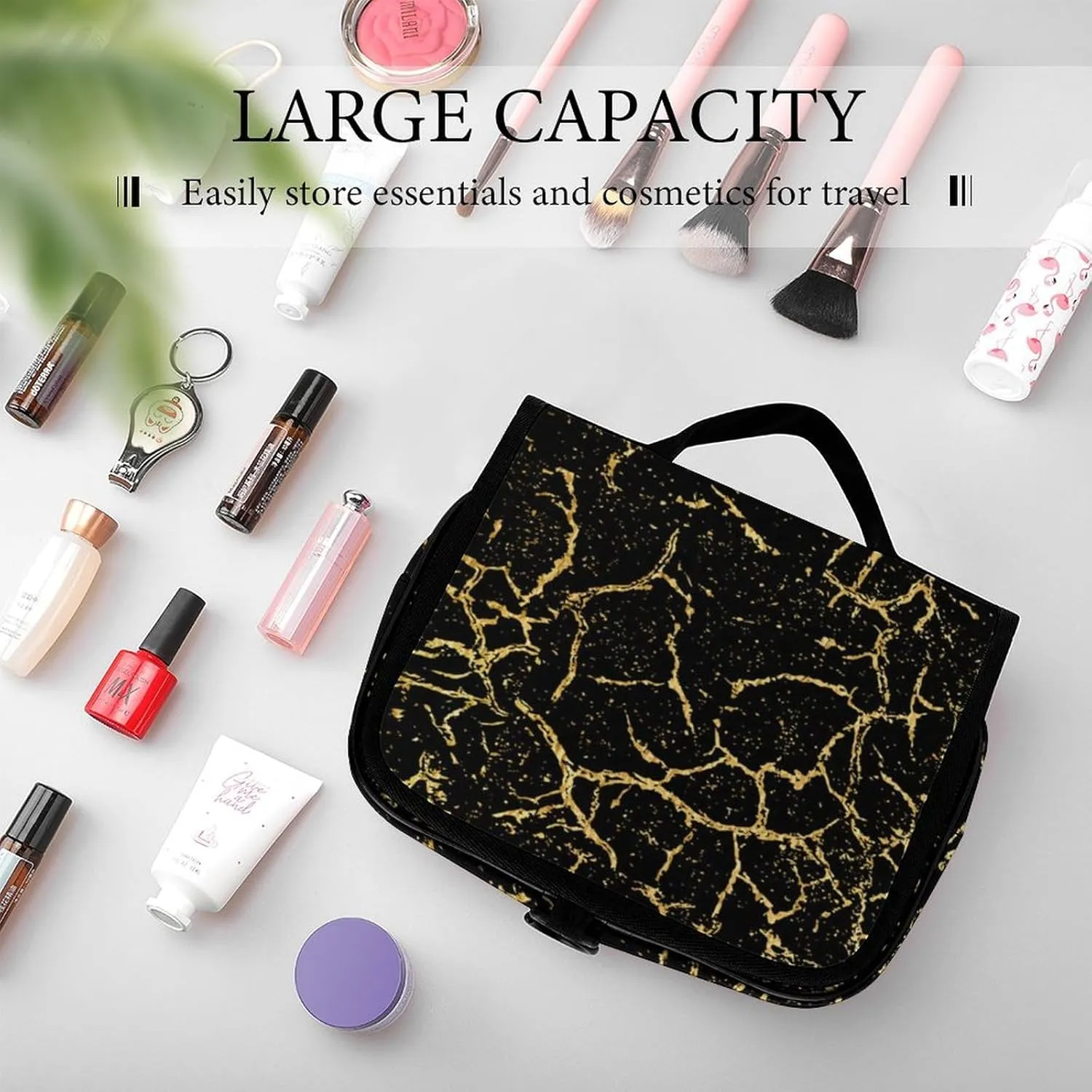 Travel Toiletry Bag Hanging, Makeup Bag Hanging, Waterproof Cosmetic Bag with Jewelry Compartment, Travel Bag Compatible with Chic Black And Gold Marble Texture for Toiletries, Cosmetic