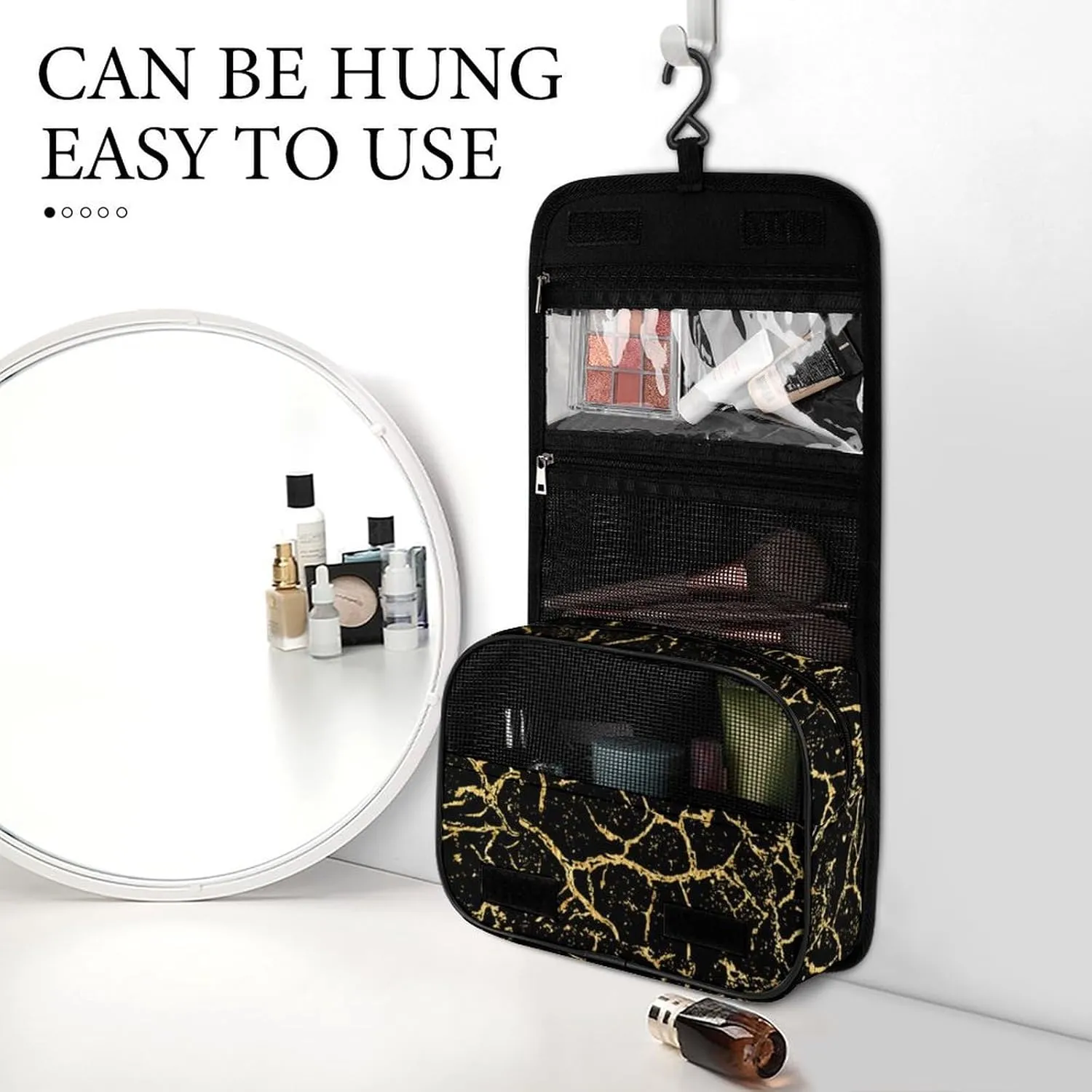 Travel Toiletry Bag Hanging, Makeup Bag Hanging, Waterproof Cosmetic Bag with Jewelry Compartment, Travel Bag Compatible with Chic Black And Gold Marble Texture for Toiletries, Cosmetic