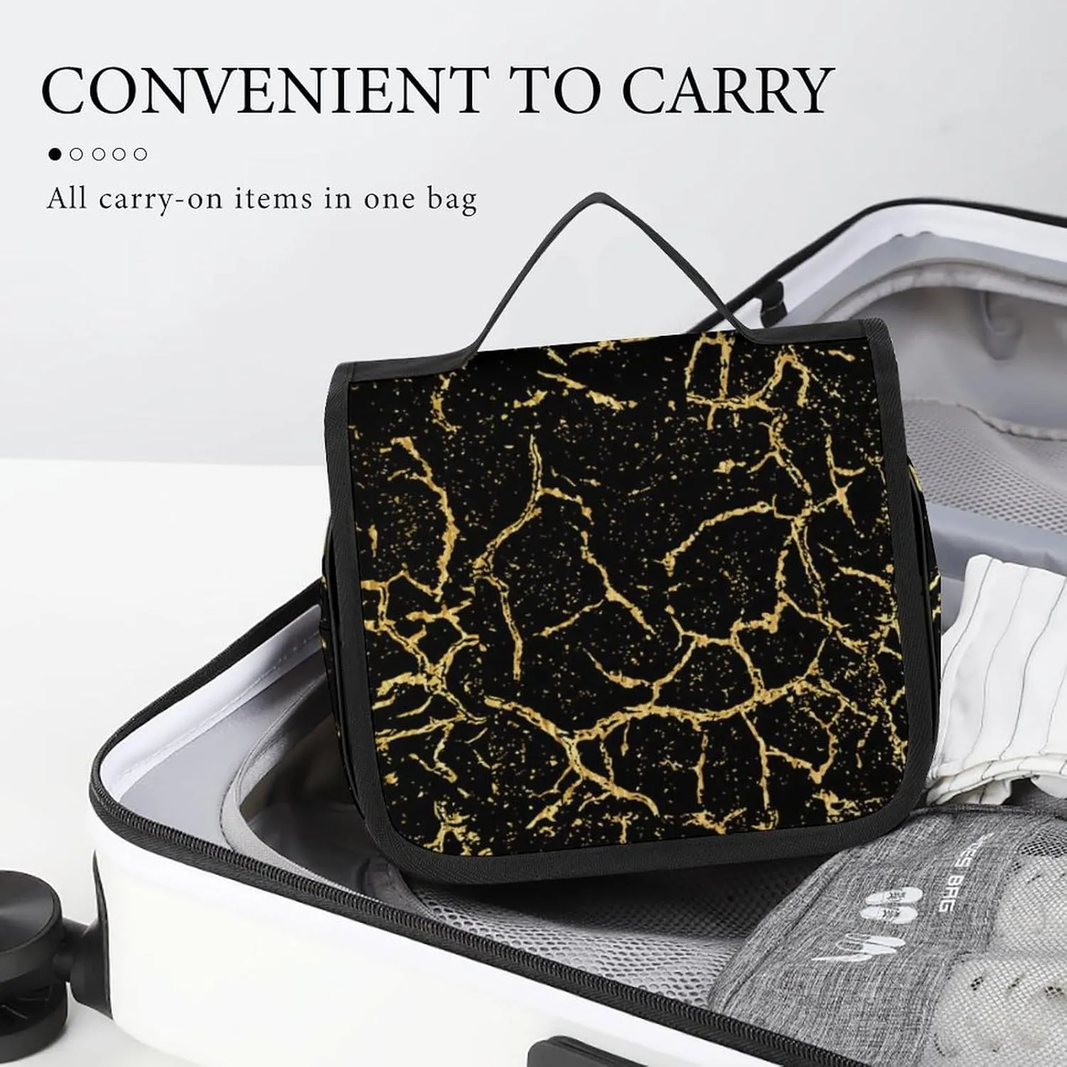 Travel Toiletry Bag Hanging, Makeup Bag Hanging, Waterproof Cosmetic Bag with Jewelry Compartment, Travel Bag Compatible with Chic Black And Gold Marble Texture for Toiletries, Cosmetic