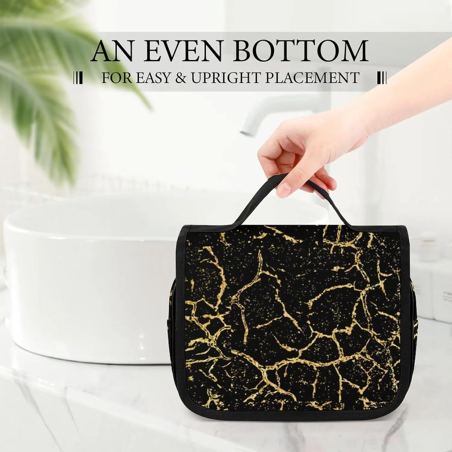 Travel Toiletry Bag Hanging, Makeup Bag Hanging, Waterproof Cosmetic Bag with Jewelry Compartment, Travel Bag Compatible with Chic Black And Gold Marble Texture for Toiletries, Cosmetic