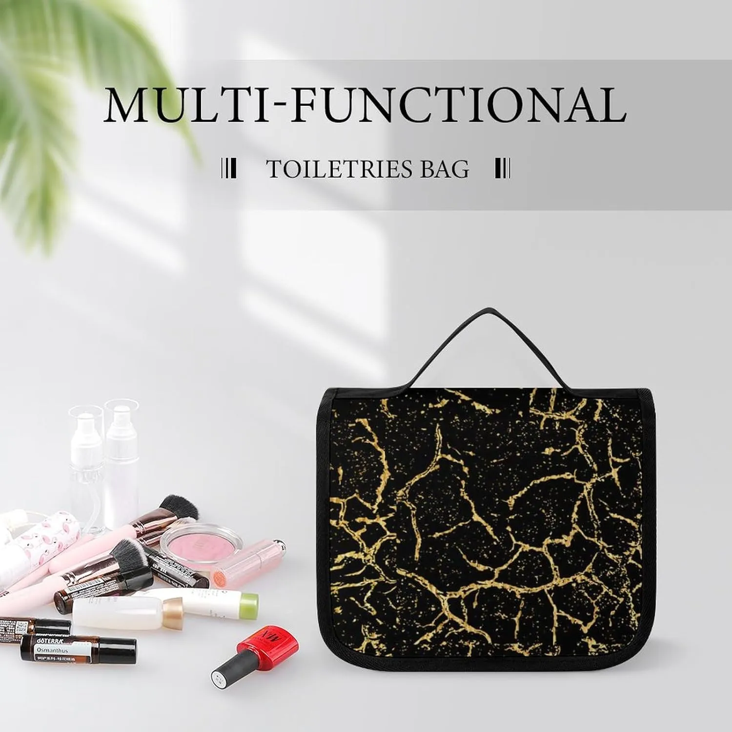 Travel Toiletry Bag Hanging, Makeup Bag Hanging, Waterproof Cosmetic Bag with Jewelry Compartment, Travel Bag Compatible with Chic Black And Gold Marble Texture for Toiletries, Cosmetic