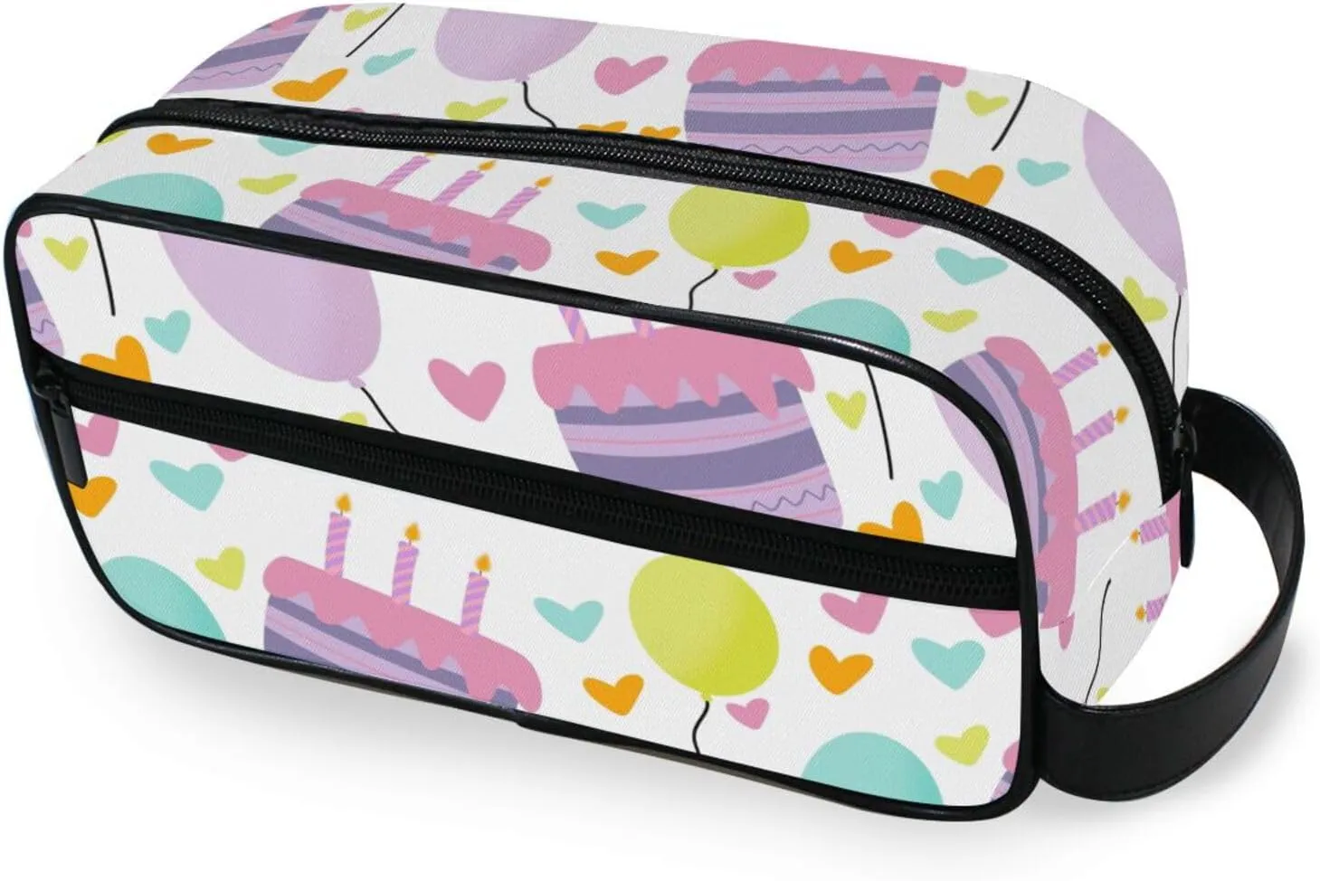 Travel Toiletry Bag Makeup Bag Birthday Cakes Balloons Hearts Packing Organizers with Hanging Hook Portable Water Resistant Small Travel Bag for Toiletries, Jewelry, Travel Essentials