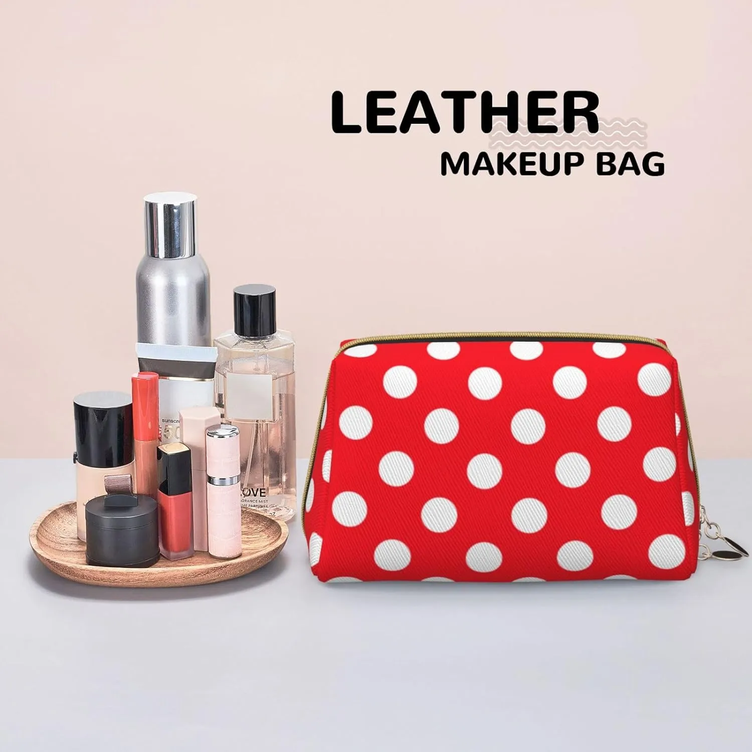 Travel Toiletry Pouch Funny Cosmetics Bag Case for Womens, Cute Makeup Carrying Storage Bag Compatible With White Red Polka Dots, Tools Toiletry Jewelry Organizer with Zipper