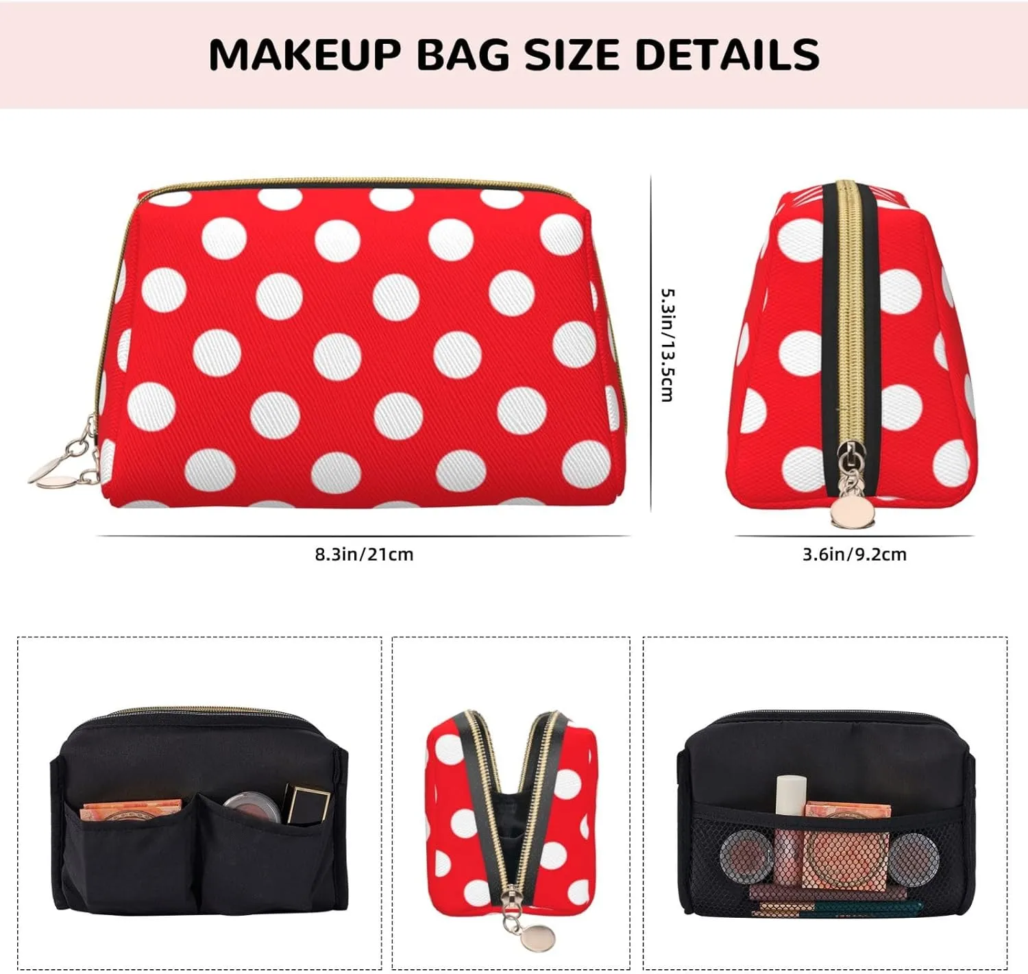 Travel Toiletry Pouch Funny Cosmetics Bag Case for Womens, Cute Makeup Carrying Storage Bag Compatible With White Red Polka Dots, Tools Toiletry Jewelry Organizer with Zipper