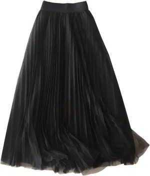 Tulle Skirts for Women Solid Chiffon High Waist Pleated Skirt Casual Boho Midi Swing A-Line Double Layer Summer