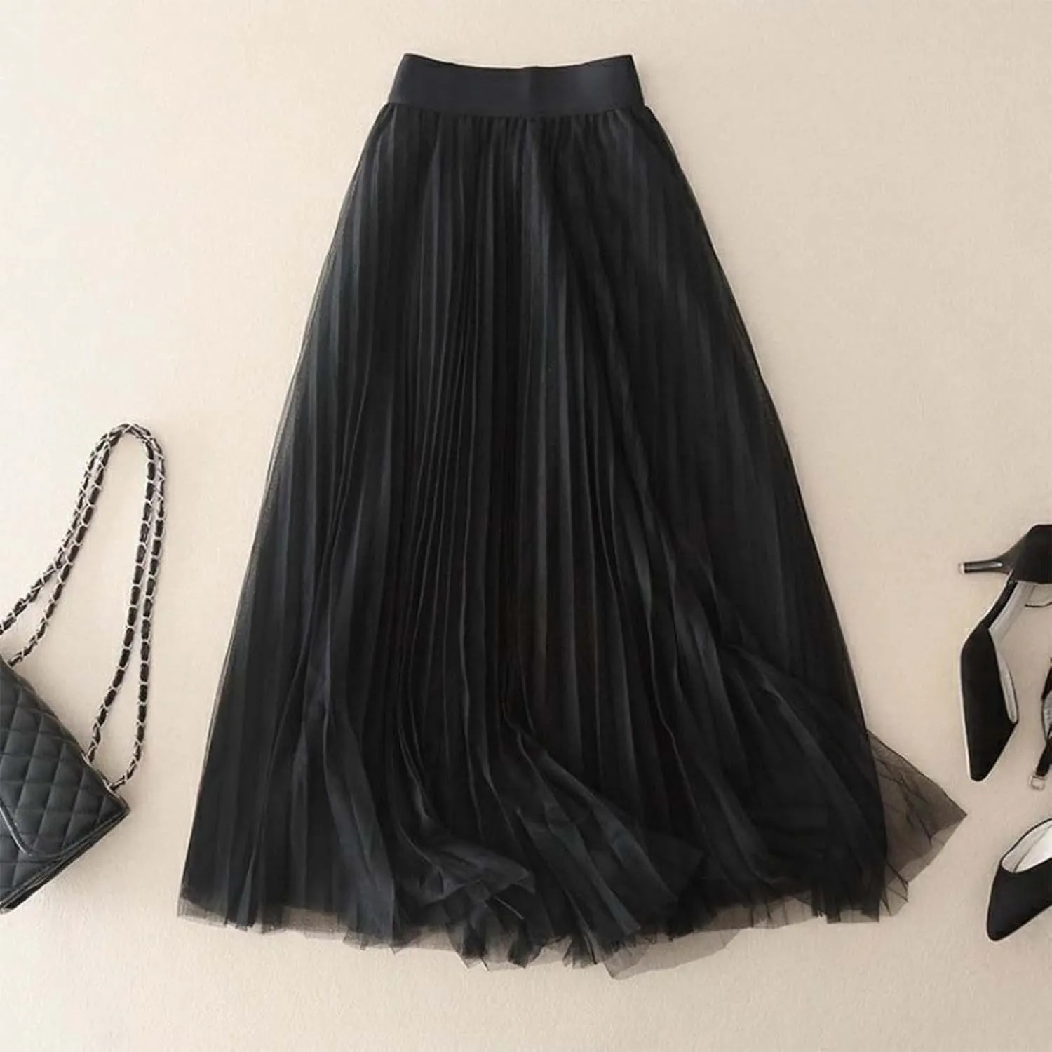 Tulle Skirts for Women Solid Chiffon High Waist Pleated Skirt Casual Boho Midi Swing A-Line Double Layer Summer
