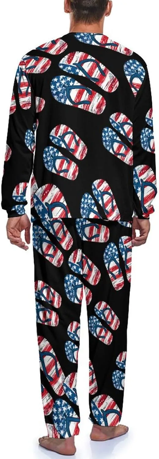 U.S Flag Flip Flops Men's Pajama Set Long Sleeve Sleepwear Loungewear Comfy Pj Sets