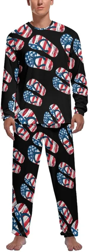 U.S Flag Flip Flops Men's Pajama Set Long Sleeve Sleepwear Loungewear Comfy Pj Sets