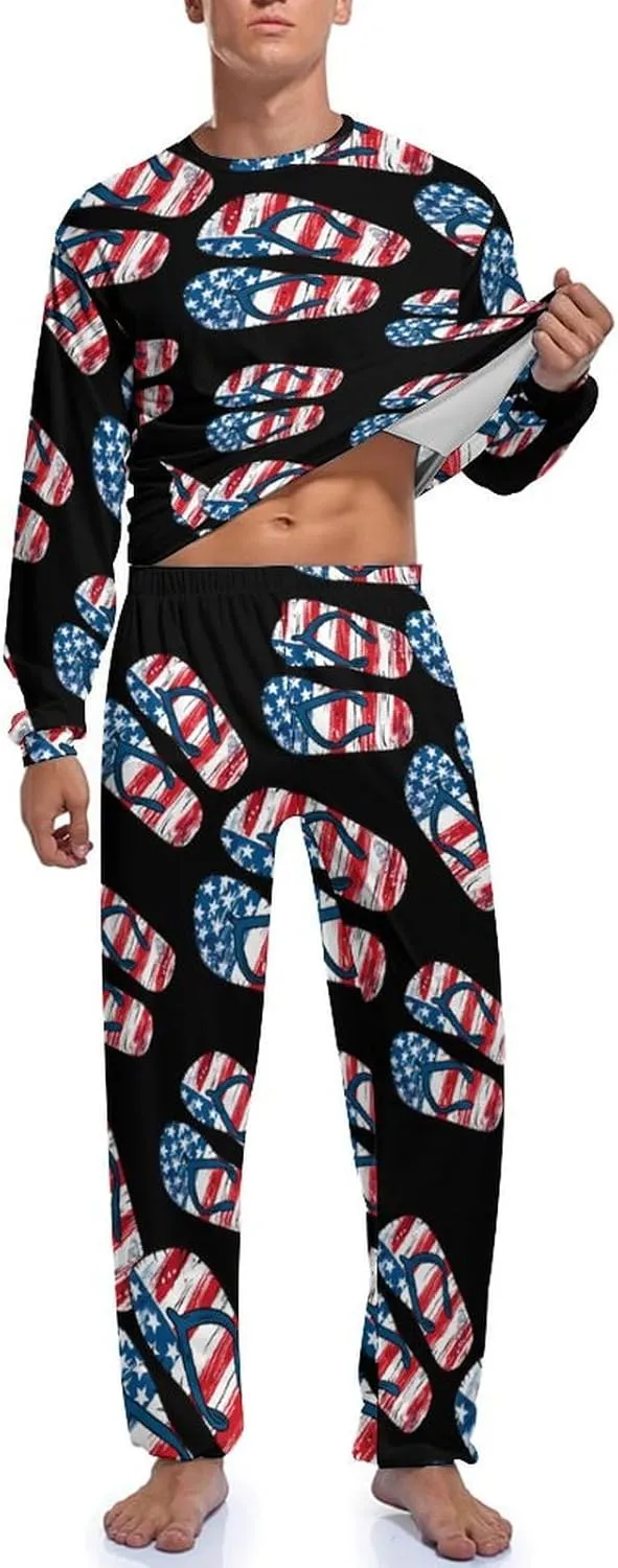 U.S Flag Flip Flops Men's Pajama Set Long Sleeve Sleepwear Loungewear Comfy Pj Sets