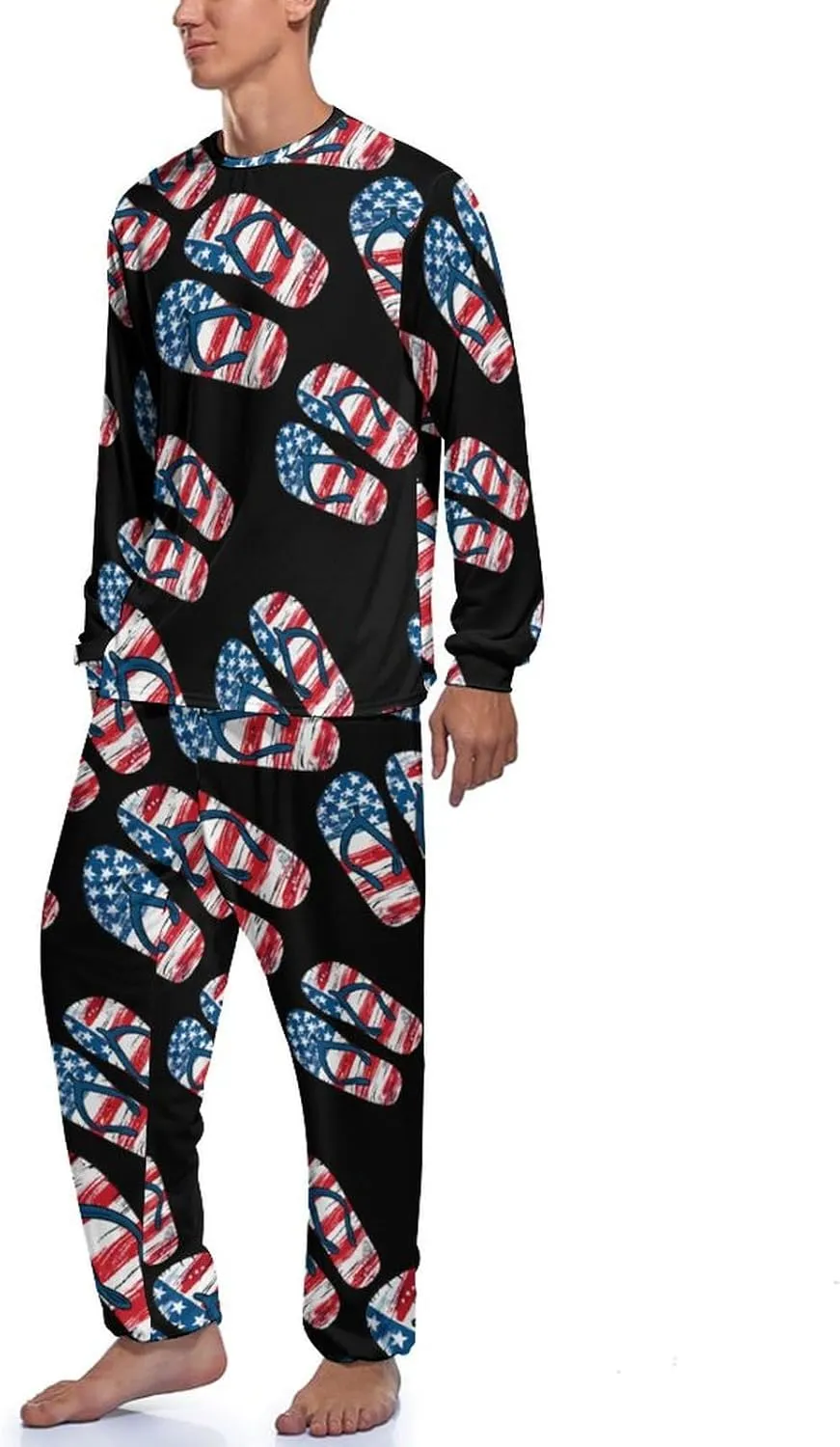 U.S Flag Flip Flops Men's Pajama Set Long Sleeve Sleepwear Loungewear Comfy Pj Sets
