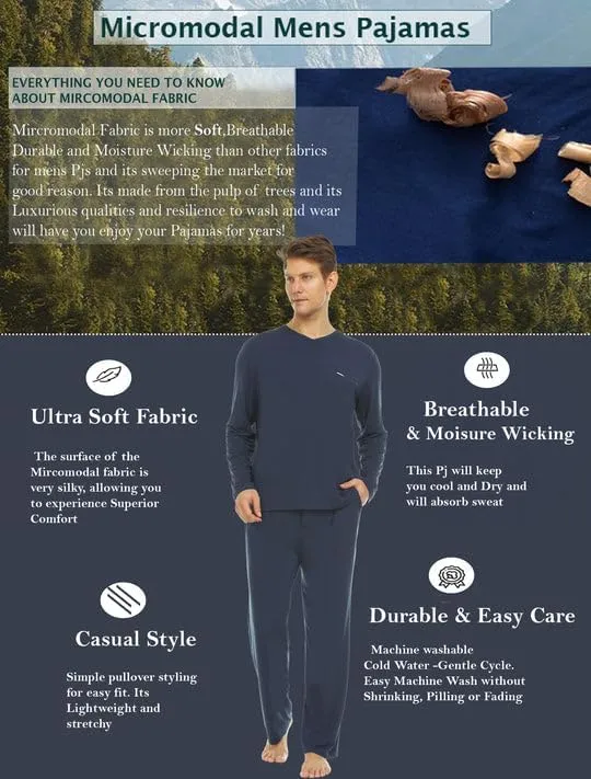 V-Neck Pullover Pajamas for Men - Ultra Soft Micromodal Pajamas men Comfy Sleepware - Luxury Cooling mens pajamas set