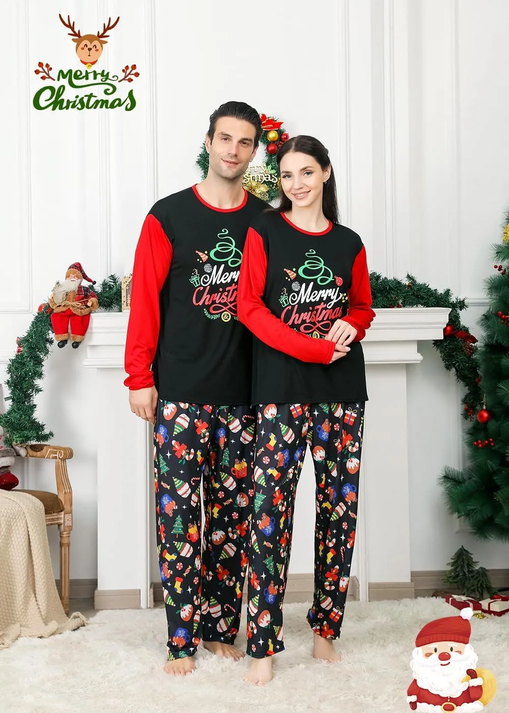 VNVNE Family Christmas Pjs Matching Sets for Women/Men/Couples/Adults, Holiday Xmas Reindeer Elf Plaid Pajamas Sleepwear