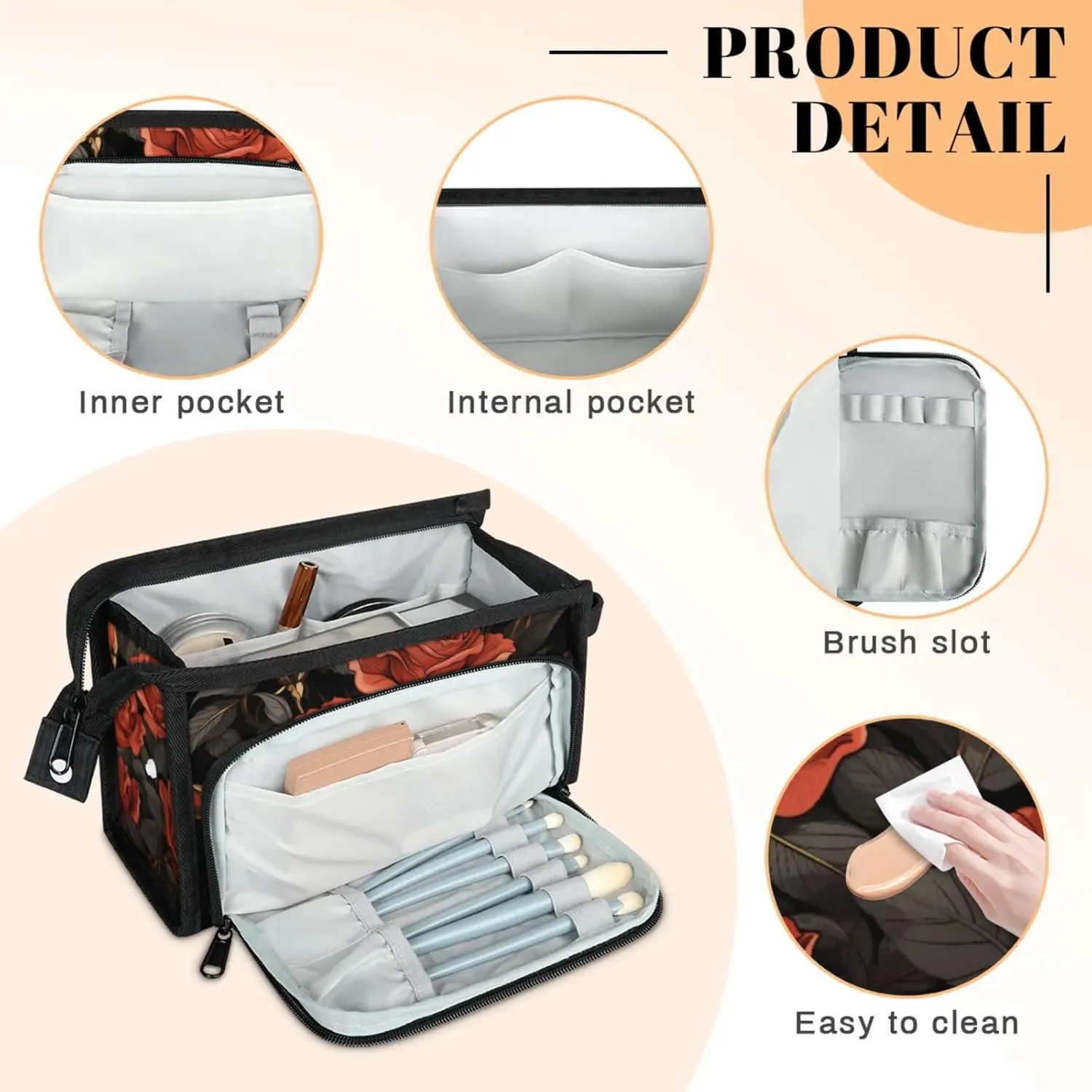 Waterproof Cosmetic Bags for Women Red Rose Flower Makeup Organizer Toiletry Bag with Zipper Pockets, Travel Makeup Bag for Business, Beach & Gym