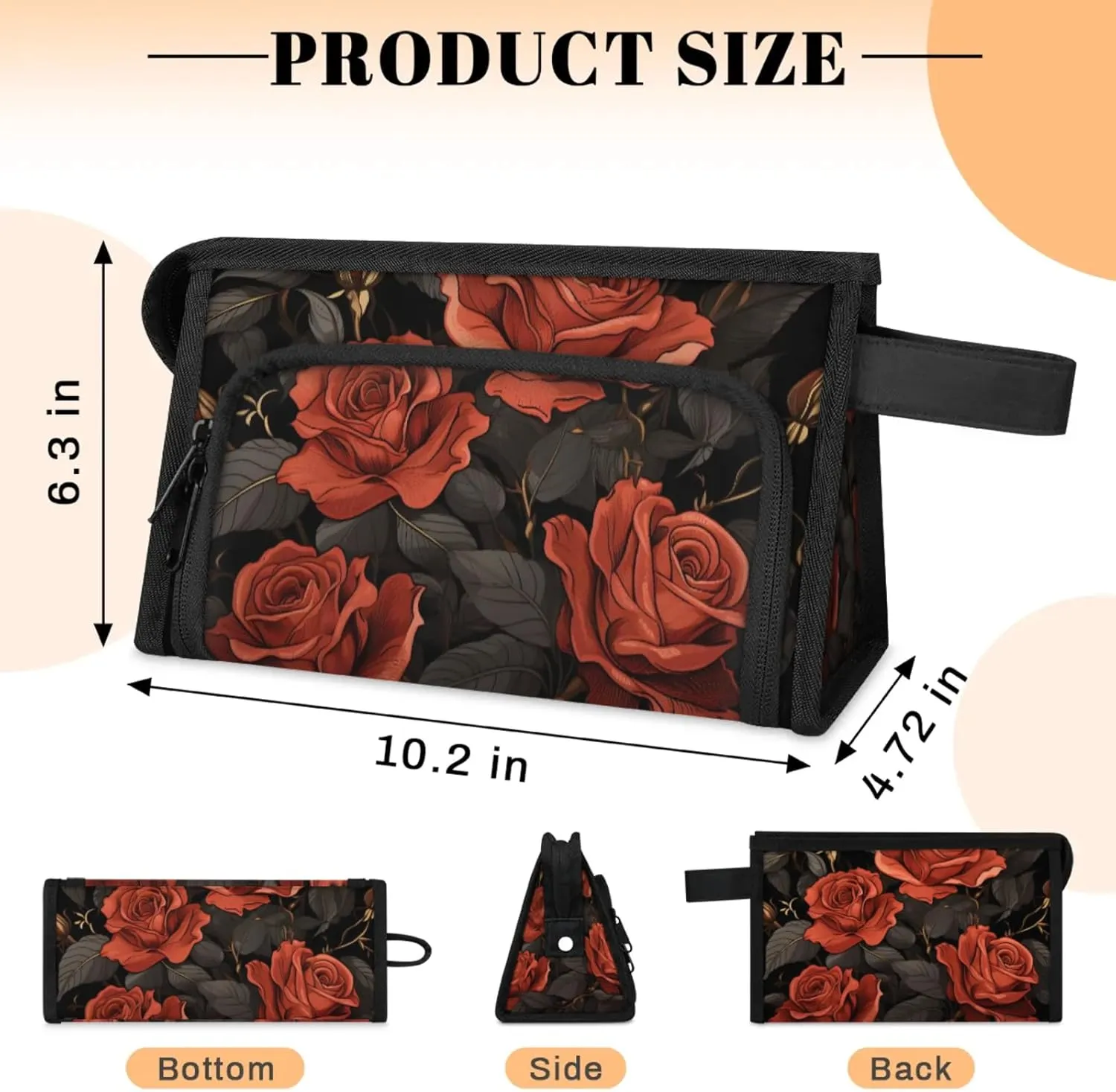 Waterproof Cosmetic Bags for Women Red Rose Flower Makeup Organizer Toiletry Bag with Zipper Pockets, Travel Makeup Bag for Business, Beach & Gym