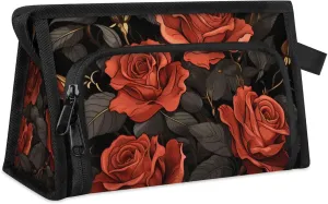 Waterproof Cosmetic Bags for Women Red Rose Flower Makeup Organizer Toiletry Bag with Zipper Pockets, Travel Makeup Bag for Business, Beach & Gym