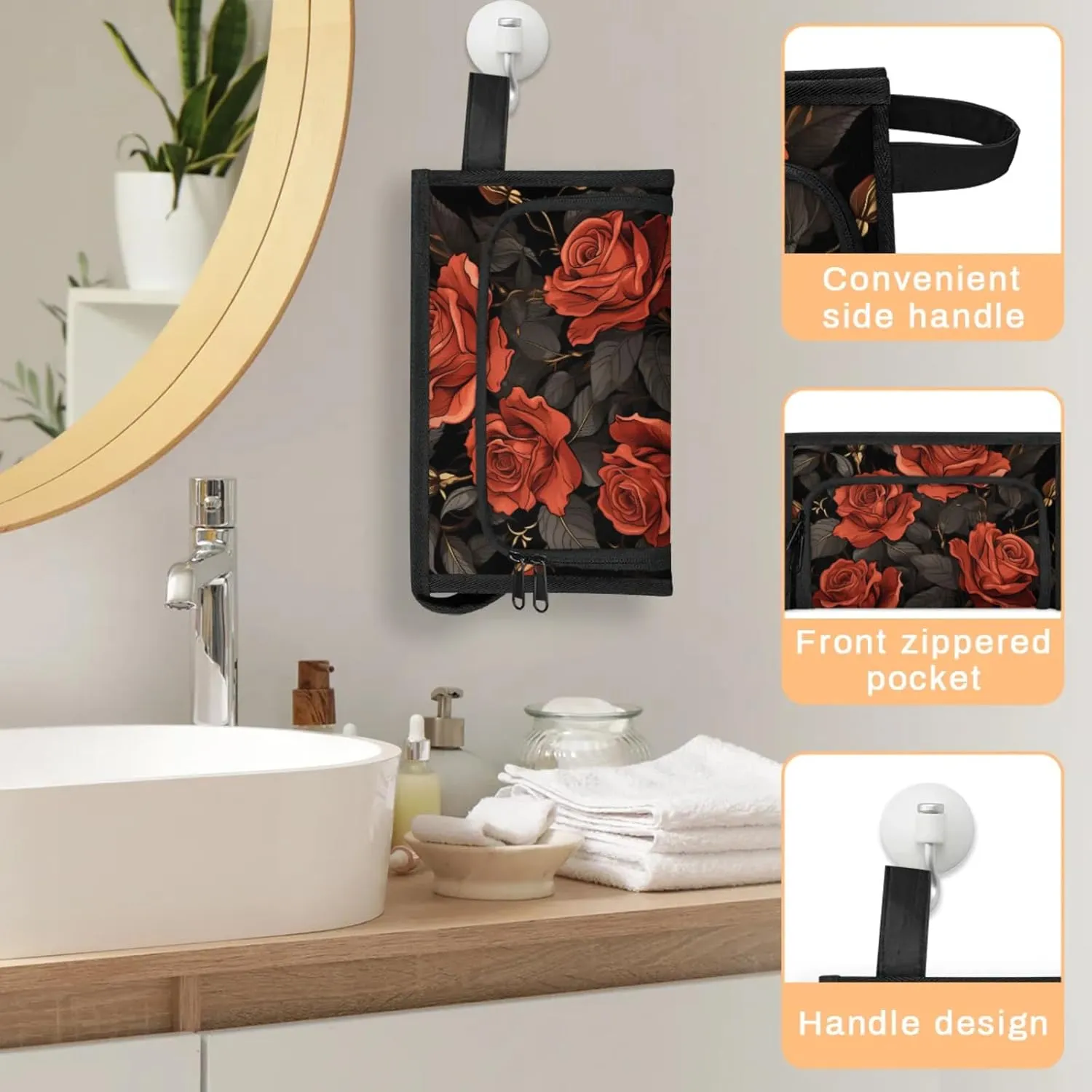 Waterproof Cosmetic Bags for Women Red Rose Flower Makeup Organizer Toiletry Bag with Zipper Pockets, Travel Makeup Bag for Business, Beach & Gym