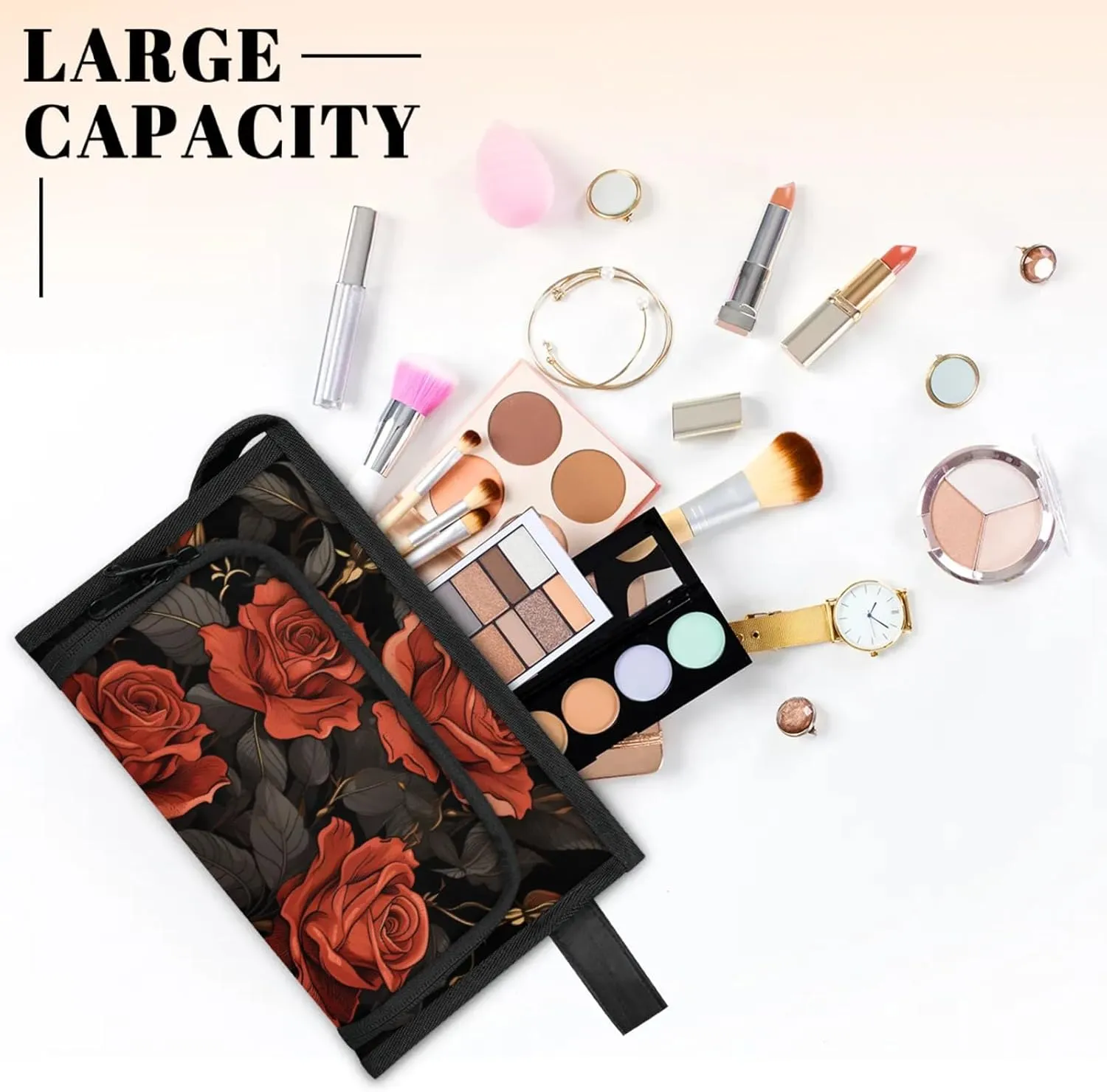 Waterproof Cosmetic Bags for Women Red Rose Flower Makeup Organizer Toiletry Bag with Zipper Pockets, Travel Makeup Bag for Business, Beach & Gym