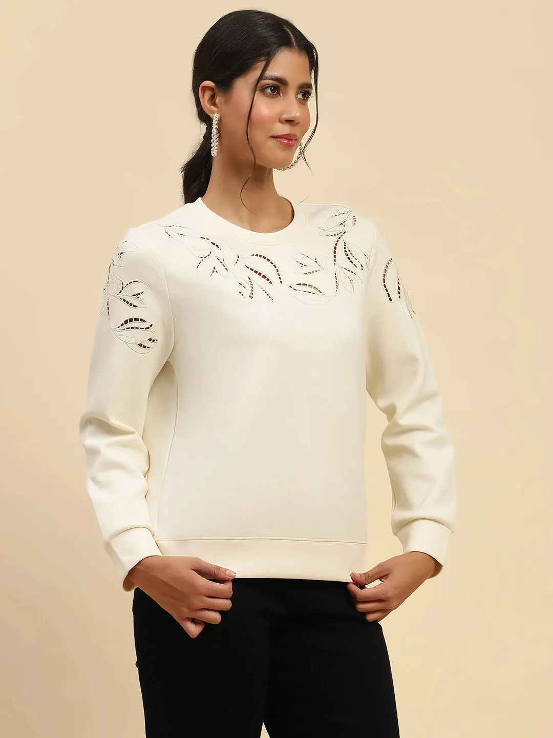 White Cut Work Poly Blend Sweatshirt