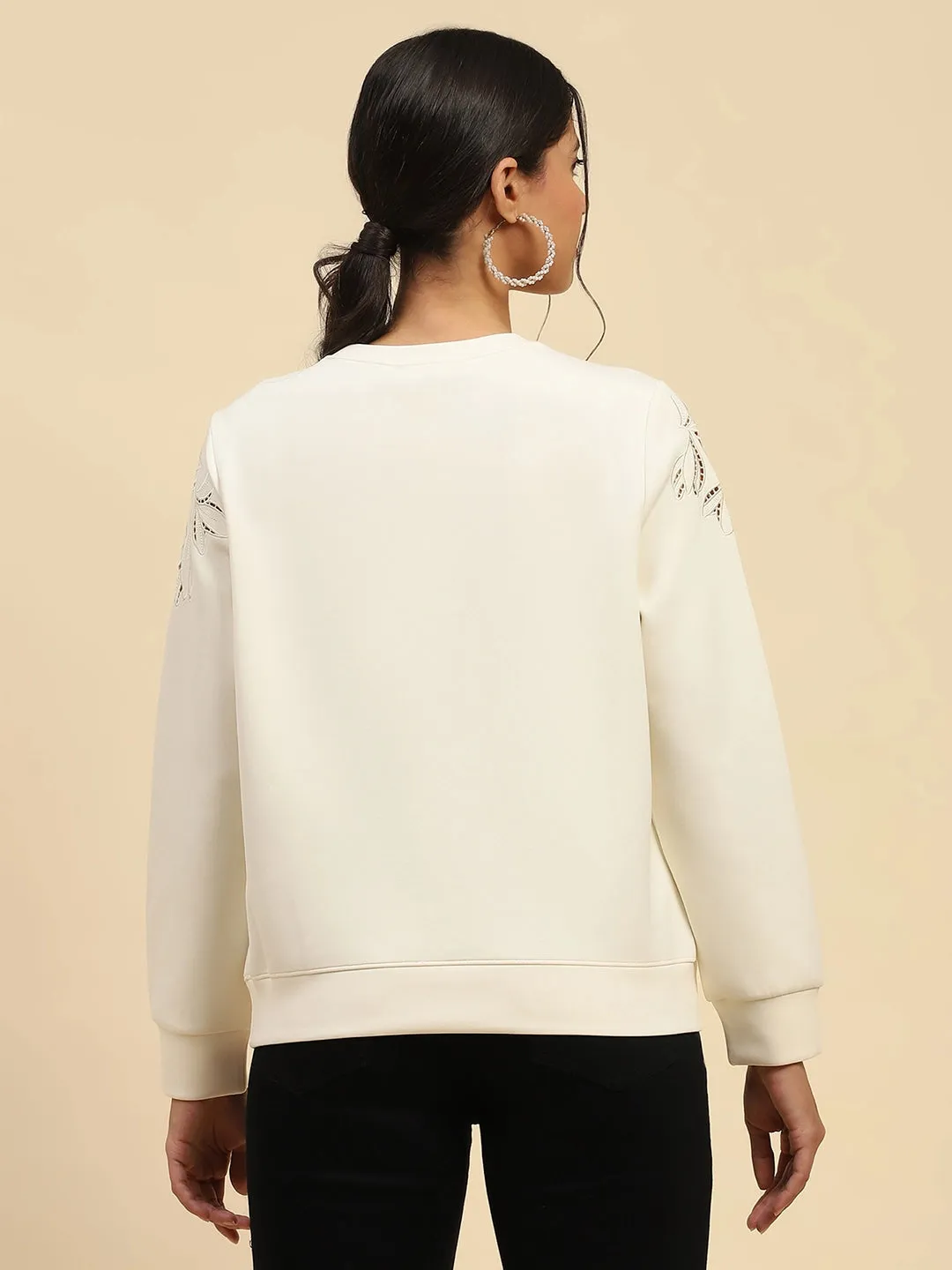 White Cut Work Poly Blend Sweatshirt