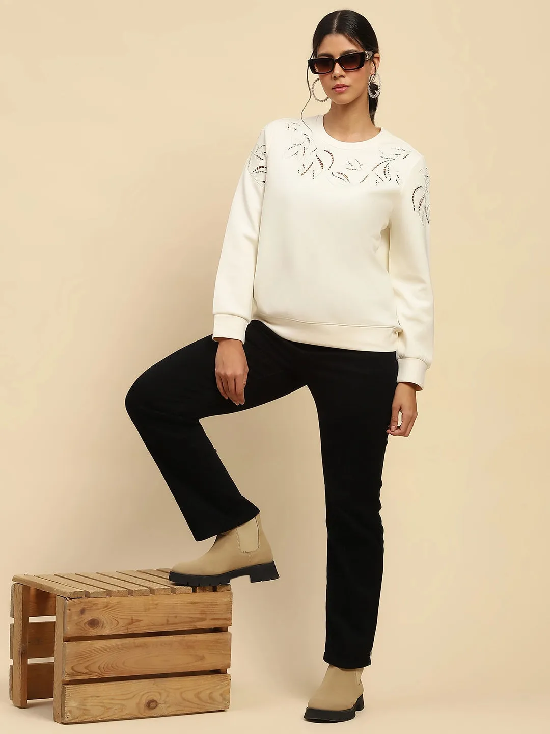 White Cut Work Poly Blend Sweatshirt