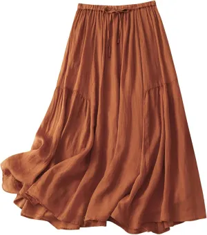 White Denim Skirt Women's Midi Skirts High Waisted Pleated A-Line Swing Skirts Summer Long Skirts with Pockets Plain Work Out Skirts Flowy Maxi Skirt