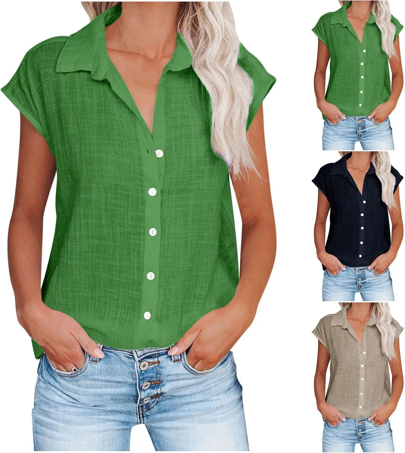 Wkishenl Womens Button Down Shirts Plus Size Cotton Linen Tops Loose Casual V Neck Blouse Summer Trendy T-Shirts with Pockets