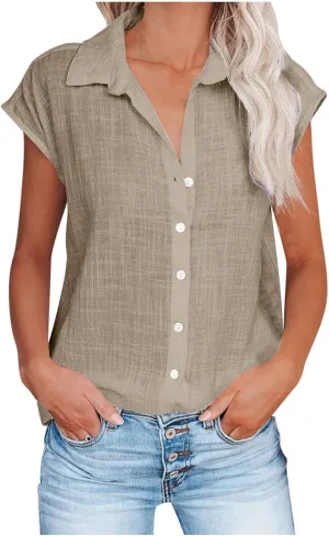 Wkishenl Womens Button Down Shirts Plus Size Cotton Linen Tops Loose Casual V Neck Blouse Summer Trendy T-Shirts with Pockets