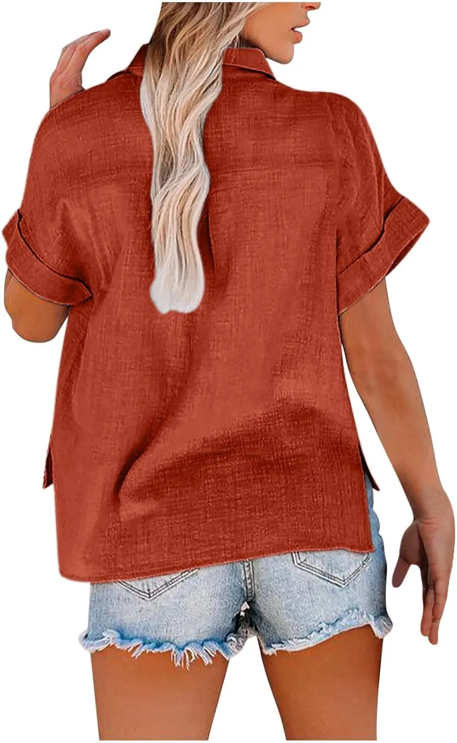 Wkishenl Womens Button Down Shirts Plus Size Cotton Linen Tops Loose Casual V Neck Blouse Summer Trendy T-Shirts with Pockets