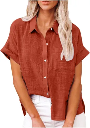 Wkishenl Womens Button Down Shirts Plus Size Cotton Linen Tops Loose Casual V Neck Blouse Summer Trendy T-Shirts with Pockets